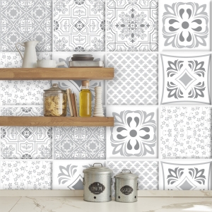 Grandora 7er Set 25,3 x 3,7 cm Fliesenaufkleber schwarz weiß Silber Fliesensticker Design 3 Mosaik 3D-Effekt Aufkleber Küche Bad Fliesendekor selbstklebend W5288